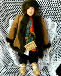 19" RUSSIAN CLOTH DOLL , PORCELAIN FACE, IN 19 CENTURY CLOTHING, FUR TRIMMED